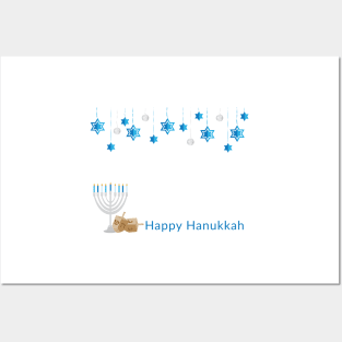 Happy Hanukkah Greeting with Decorations, Menorah and dreidels Posters and Art